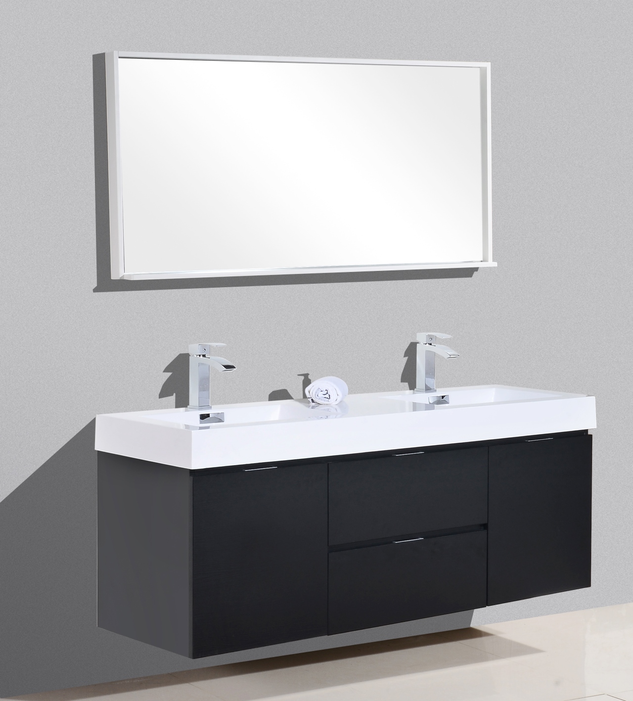 Bliss 60 Black Wall Mount Double Sink Modern Bathroom Vanity