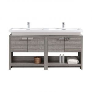 Levi 63" Ash Gray Double Sink Modern Bathroom Vanity w/ Cubby Hole