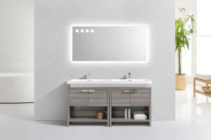 Levi 63" Ash Gray Double Sink Modern Bathroom Vanity w/ Cubby Hole