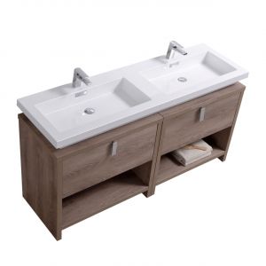 Levi 63" Butternut Double Sink Modern Bathroom Vanity w/ Cubby Hole