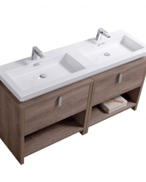 Levi 63″ Butternut Double Sink Modern Bathroom Vanity w/ Cubby Hole