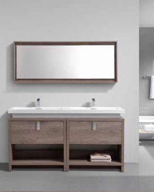 Levi 63″ Butternut Double Sink Modern Bathroom Vanity w/ Cubby Hole