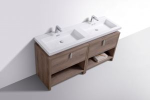 Levi 63" Butternut Double Sink Modern Bathroom Vanity w/ Cubby Hole