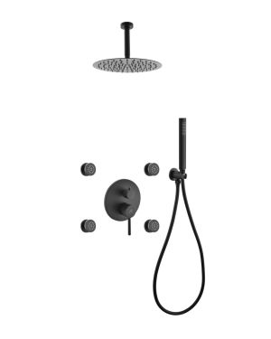 Aqua RONDO Black Brass Shower Set w/ 8″ Round Rain Shower, 4 Body Jets and Handheld