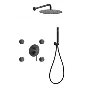Aqua Rondo Black Brass Shower Set w/ 12" Round Rain Shower, 4 Body Jets and Handheld