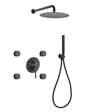 Aqua Rondo Black Brass Shower Set w/ 12″ Round Rain Shower, 4 Body Jets and Handheld