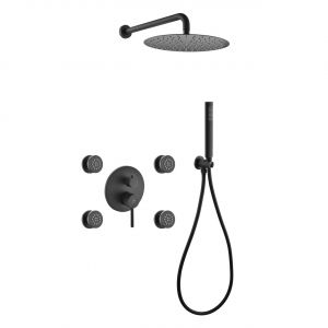 Aqua RONDO Black Brass Shower Set w/ 8" Round Rain Shower, 4 Body Jets and Handheld