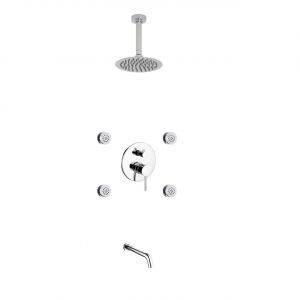 Aqua RONDO Chrome Brass Shower Set w/ 8" Round Rain Shower, 4 Body Jets and Tubfiller