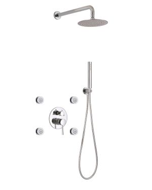 Aqua RONDO Chrome Brass Shower Set w/ 8″ Round Rain Shower, 4 Body Jets and Handheld