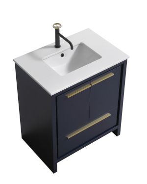 KubeBath Dolce 30″ Navy Blue Modern Bathroom Vanity with Quartz Countertop