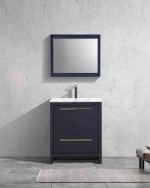 KubeBath Dolce 30″ Navy Blue Modern Bathroom Vanity with Quartz Countertop