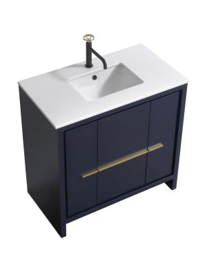 KubeBath Dolce 36″ Navy Blue Modern Bathroom Vanity with Quartz Countertop