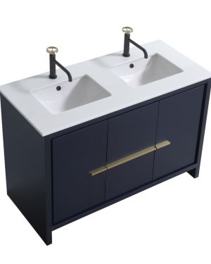 KubeBath Dolce 48″ Double Sink Navy Blue Modern Bathroom Vanity with Quartz Countertop