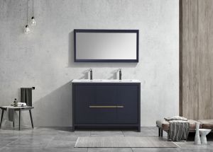 KubeBath Dolce 48″ Double Sink Blue Modern Bathroom Vanity with Quartz Countertop