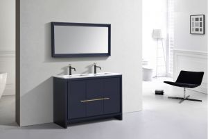 KubeBath Dolce 48″ Double Sink Blue Modern Bathroom Vanity with Quartz Countertop