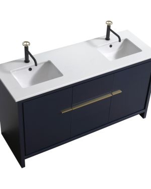 KubeBath Dolce 60″ Double Sink Navy Blue Modern Bathroom Vanity with Quartz Countertop