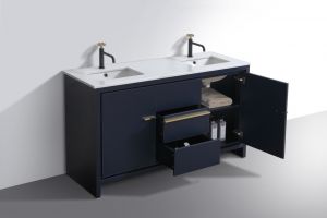 KubeBath Dolce 60″ Double Sink Blue Modern Bathroom Vanity with Quartz Countertop