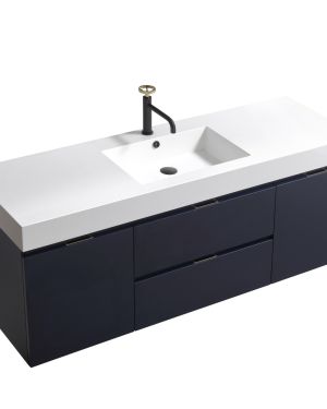 Bliss 60″ Navy Blue Wall Mount Single Sink Modern Bathroom Vanity