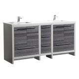 KubeBath Dolce 72″ Gloss Ash Gray Modern Bathroom Vanity with Quartz Countertop