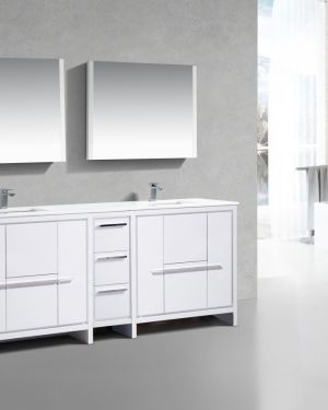 KubeBath Dolce 84″ Gloss White Modern Bathroom Vanity with Quartz Countertop