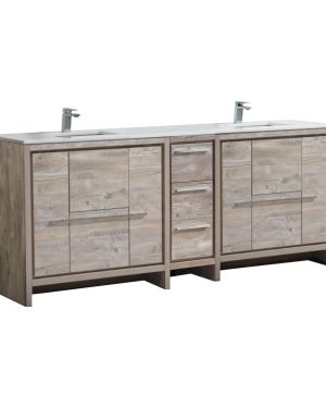 KubeBath Dolce 84″ Nature Wood Modern Bathroom Vanity with Quartz Countertop