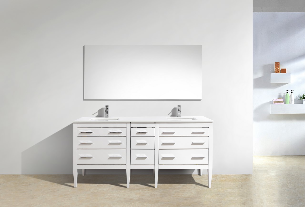 Eiffel 72″ Double Sink High Gloss White Vanity W/ White Counter Top