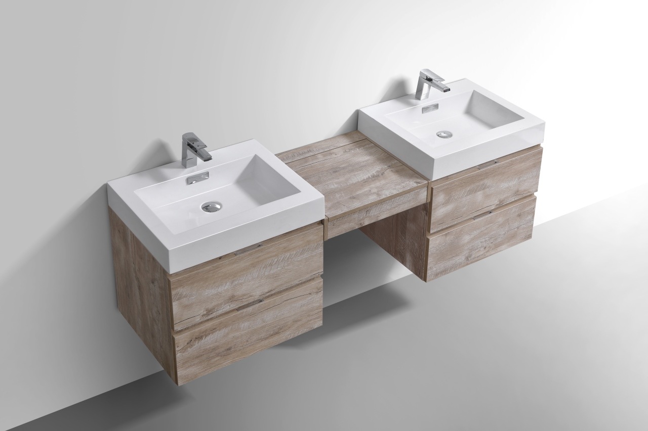 Bliss 68" Nature Wood Wall Mount Double Sink Modern Bathroom Vanity