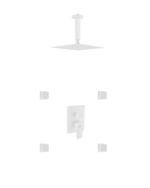 Aqua Piazza White Shower Set w/ 8″ Ceiling Mount Square Rain Shower and 4 Body Jets