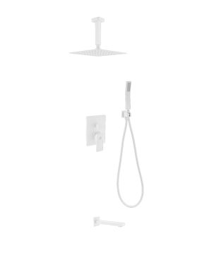 Aqua Piazza White Shower Set w/ 8″ Ceiling Mount Square Rain Shower, Handheld and Tub Filler