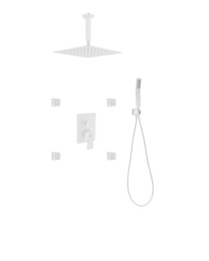 Aqua Piazza White Shower Set w/ 12″ Ceiling Mount Square Rain Shower, 4 Body Jets and Handheld