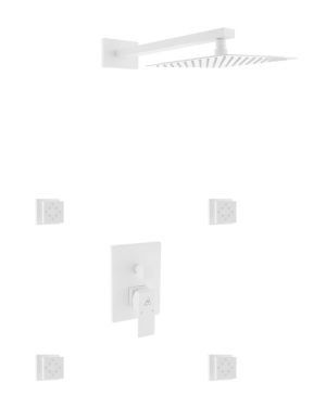 Aqua Piazza White Shower Set with 8″ Square Rain Shower and 4 Body Jets