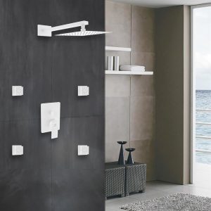 Aqua Piazza White Shower Set with 8" Square Rain Shower and 4 Body Jets