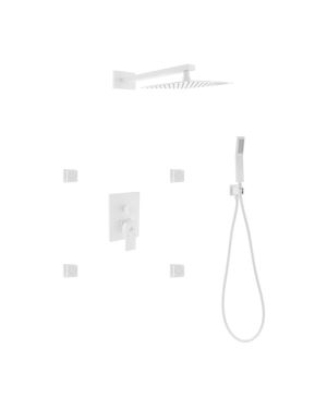 Aqua Piazza White Shower Set w/ 8″ Square Rain Shower, 4 Body Jets and Handheld