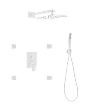 Aqua Piazza White Shower Set w/ 12″ Square Rain Shower, Handheld and 4 Body Jets
