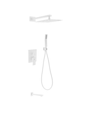 Aqua Piazza White Shower Set w/ 12″ Square Rain Shower, Tub Filler and Handheld