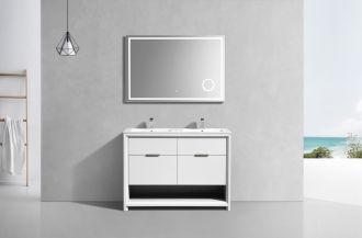 KubeBath 48" Double Sink Nudo Modern Bathroom Vanity in High Gloss White Finish