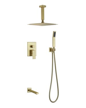 Aqua Piazza Brushed Gold Shower Set w/ 8″ Ceiling Mount Square Rain Shower, Handheld and Tub Filler