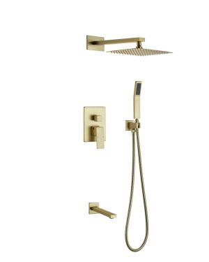 Aqua Piazza Brushed Gold Shower Set w/ 8″ Square Rain Shower, Tub Filler and Handheld