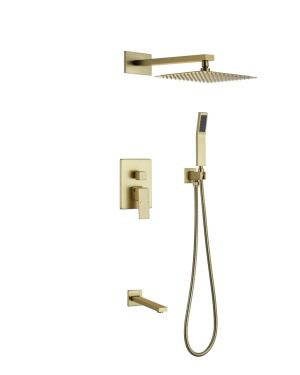 Aqua Piazza Brushed Gold Shower Set w/ 12″ Square Rain Shower, Tub Filler and Handheld