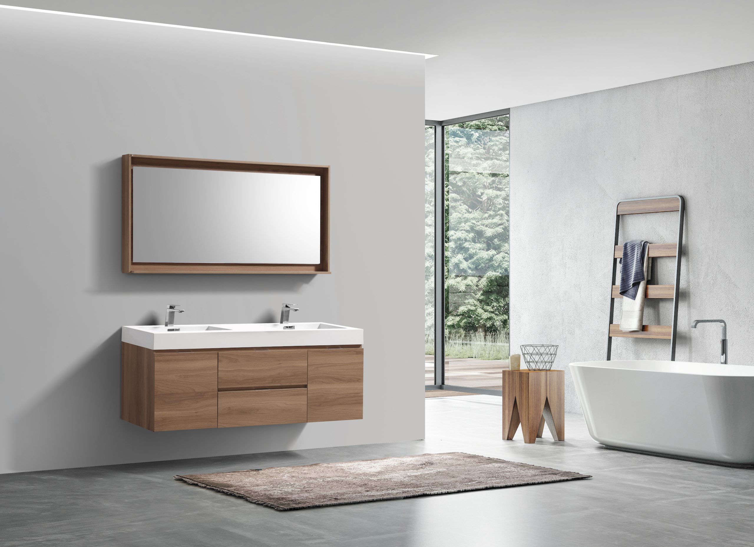 Bliss 60″ Honey Oak Wall Mount Double Sink Modern Bathroom Vanity