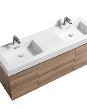 Bliss 60″ Honey Oak Wall Mount Double Sink Modern Bathroom Vanity
