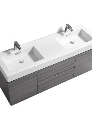 Bliss 60″ Vulcan Ash Grey Wall Mount Double Sink Modern Bathroom Vanity