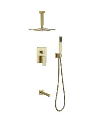 Aqua Piazza Brushed Gold Shower Set w/ 12″ Ceiling Mount Square Rain Shower, Handheld and Tub Filler