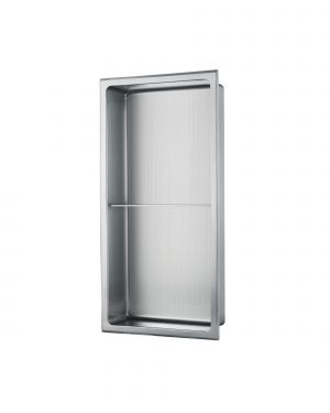 Abraccio 12” x 24” Stainless Steel Recessed Shower Niche By Kubebath – Brushed Silver w/ Shelf