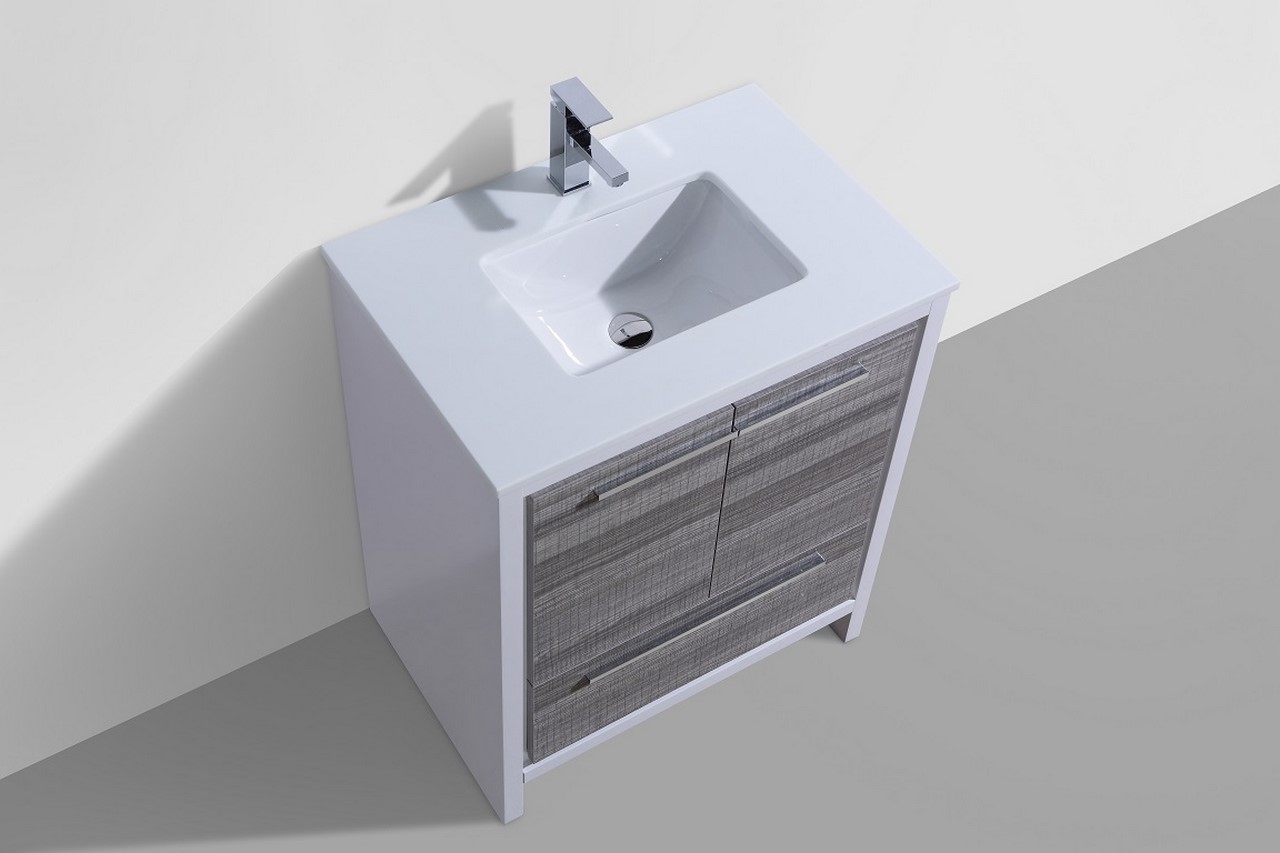KubeBath Dolce 30″ Ash Gray Modern Bathroom Vanity with Quartz Countertop