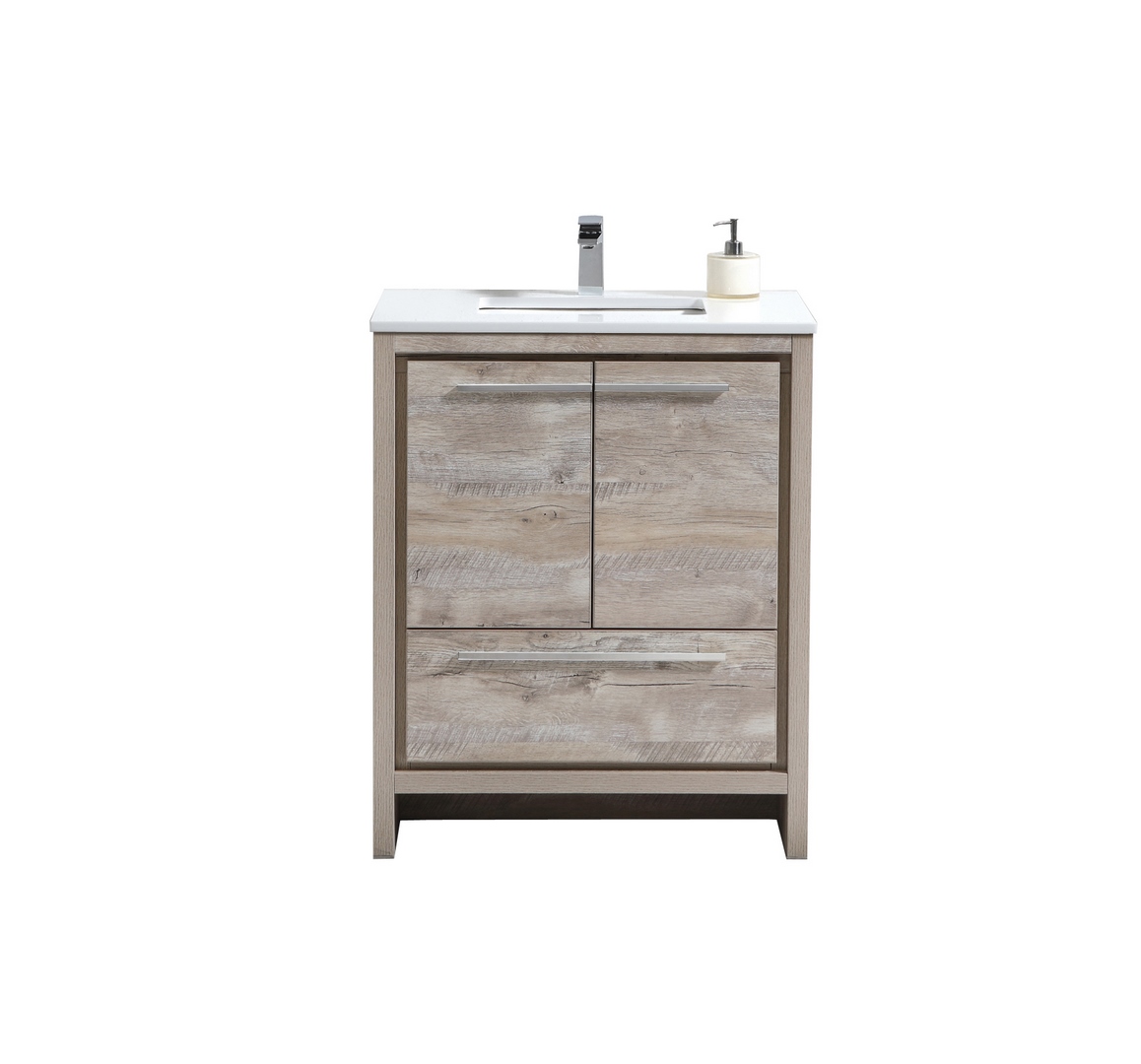 KubeBath Dolce 30″ Nature Wood Modern Bathroom Vanity with Quartz Countertop