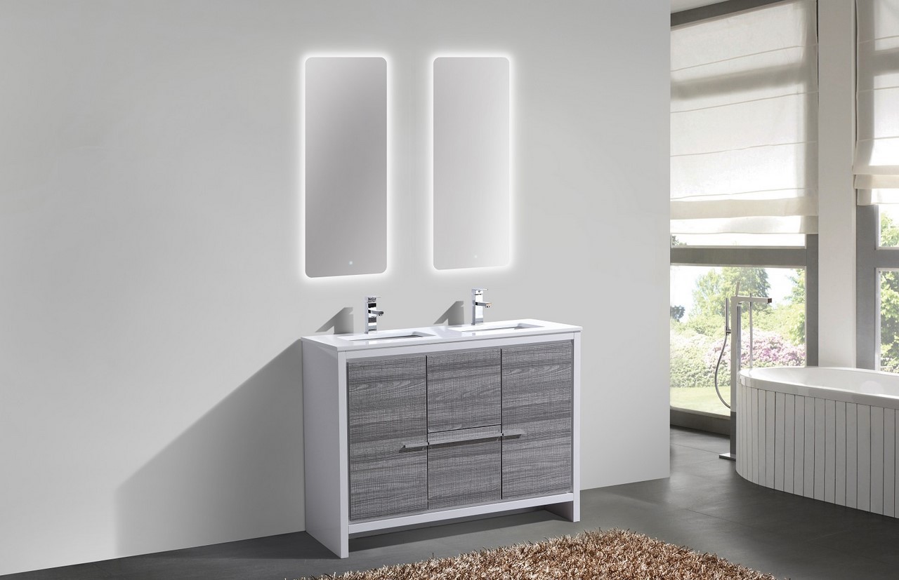 KubeBath Dolce 48″ Double Sink Ash Gray Modern Bathroom Vanity with Quartz Countertop