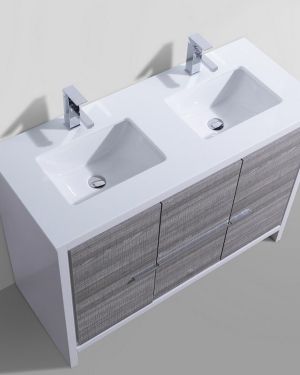 KubeBath Dolce 48″ Double Sink Ash Gray Modern Bathroom Vanity with Quartz Countertop