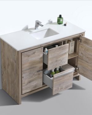 KubeBath Dolce 48″ Nature Wood Modern Bathroom Vanity with Quartz Countertop