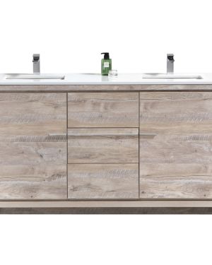 KubeBath Dolce 60″ Double Sink Nature Wood Modern Bathroom Vanity with Quartz Countertop